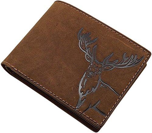Cuero de búfalo Monedero con Ciervo-Motivo en Formato Vertical o Formato oblongo con Bloqueo RFID y NFC en marrón (Modelo 2 / Formato oblongo)