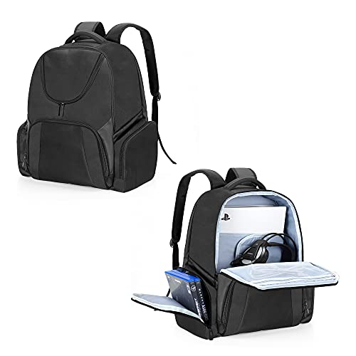 CURMIO Mochilla para Consola de Juegos Compatible con PS5, PS4 and PS4 Pro, Bolsa Consola, Funda Transporte para PS5, Controladores, Juegos y Accesorios, Negro(Sola Bolsa, Diseño de Patentes)