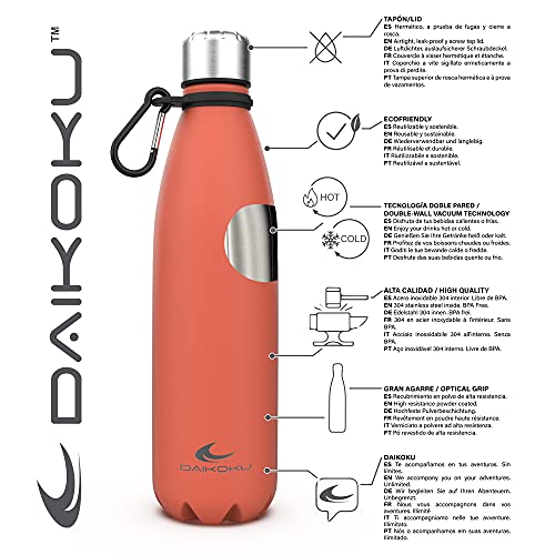 Daikoku Botella Acero Inoxidable + Cinta ajustable + Mosquetón + Anillo Silicona - Termo Doble Pared Libre de BPA - 12 Horas Caliente - 24 Horas Fría – Botella Reutilizable - 500ml - Color Coral