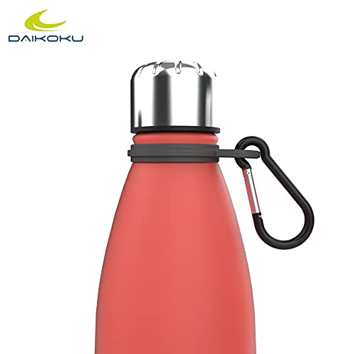 Daikoku Botella Acero Inoxidable + Cinta ajustable + Mosquetón + Anillo Silicona - Termo Doble Pared Libre de BPA - 12 Horas Caliente - 24 Horas Fría – Botella Reutilizable - 500ml - Color Coral