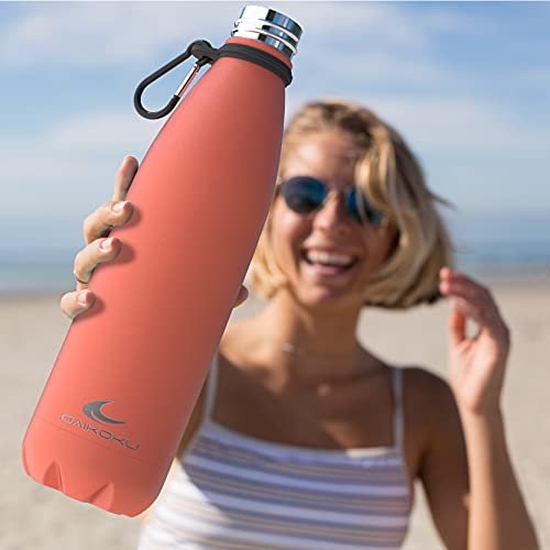 Daikoku Botella Acero Inoxidable + Cinta ajustable + Mosquetón + Anillo Silicona - Termo Doble Pared Libre de BPA - 12 Horas Caliente - 24 Horas Fría – Botella Reutilizable - 500ml - Color Coral