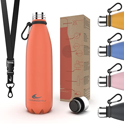 Daikoku Botella Acero Inoxidable + Cinta ajustable + Mosquetón + Anillo Silicona - Termo Doble Pared Libre de BPA - 12 Horas Caliente - 24 Horas Fría – Botella Reutilizable - 500ml - Color Coral