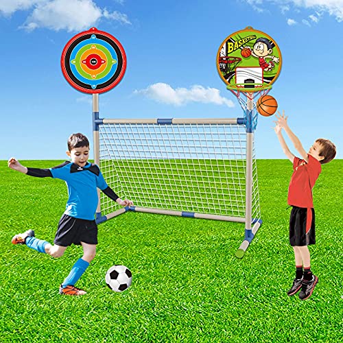 deAO Deportes 3 en 1 para Futbol, Baloncesto y Tiro con Arco Conjunto Familiar Juegos de Deporte Infantil Incluye Balones e Inflador para Niños y Niñas Pequeños/as