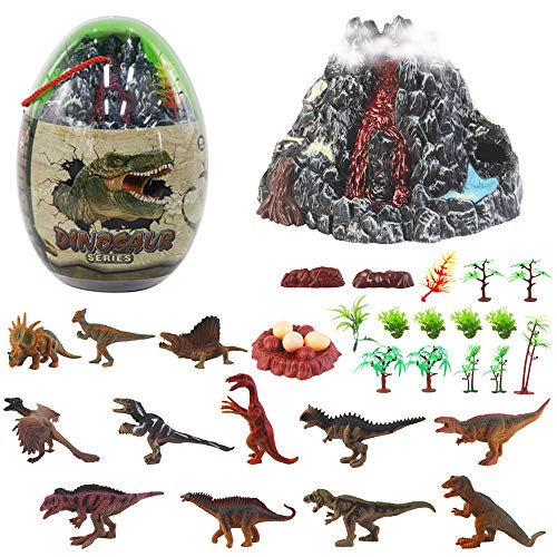 deAO Huevo Gigante con Figuras de Dinosaurios, Volcán con Función de Erupción y Accesorios Conjunto en Estuche Portátil Incluye 30 Piezas