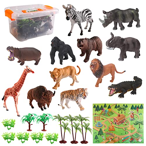 deAO Mi Pequeño Safari Juego de Zoológico con Surtido de Animales y Accesorios, Mapa de Parque y Caja de Almacenaje Incluida – Conjunto Coleccionable Infantil