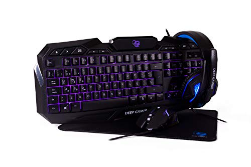 Deep Gaming X-Wing Setup Gaming 4 en 1: Teclado Membrana QWERTY con Ñ retroiluminado, ratón óptico LED 2400 dpi, Auriculares Gamer con micrófono, Alfombrilla Antideslizante. PC/Xbox One/PS4