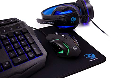 Deep Gaming X-Wing Setup Gaming 4 en 1: Teclado Membrana QWERTY con Ñ retroiluminado, ratón óptico LED 2400 dpi, Auriculares Gamer con micrófono, Alfombrilla Antideslizante. PC/Xbox One/PS4