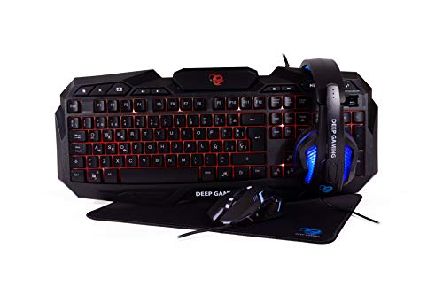 Deep Gaming X-Wing Setup Gaming 4 en 1: Teclado Membrana QWERTY con Ñ retroiluminado, ratón óptico LED 2400 dpi, Auriculares Gamer con micrófono, Alfombrilla Antideslizante. PC/Xbox One/PS4