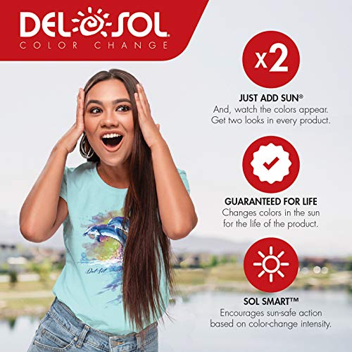 DelSol - Kids Crew tee - Rising Shark - Camiseta Que Cambia de Color - Cambios en la luz Solar - Transforma el Contorno Azul y Blanco en Colores Brillantes - YS - 1 Pc