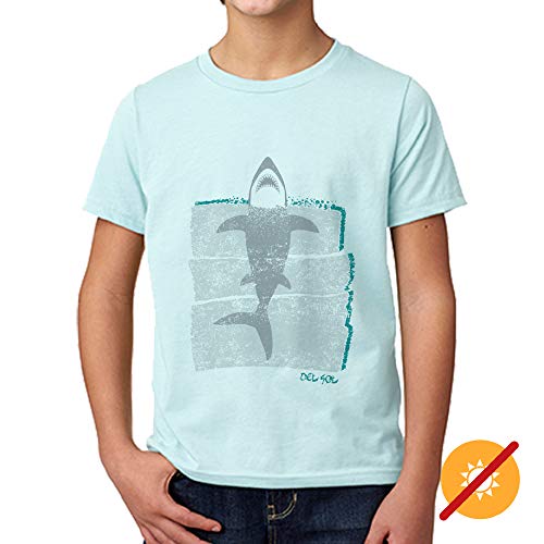 DelSol - Kids Crew tee - Rising Shark - Camiseta Que Cambia de Color - Cambios en la luz Solar - Transforma el Contorno Azul y Blanco en Colores Brillantes - YS - 1 Pc