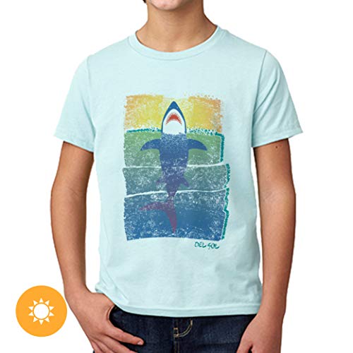 DelSol - Kids Crew tee - Rising Shark - Camiseta Que Cambia de Color - Cambios en la luz Solar - Transforma el Contorno Azul y Blanco en Colores Brillantes - YS - 1 Pc