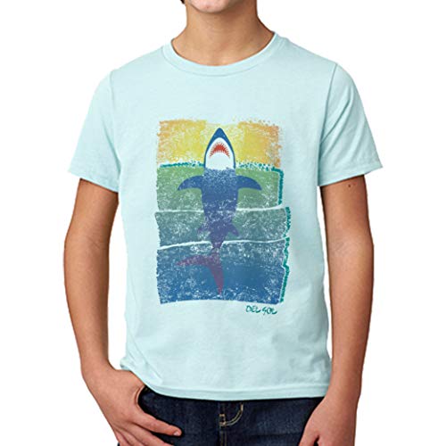 DelSol - Kids Crew tee - Rising Shark - Camiseta Que Cambia de Color - Cambios en la luz Solar - Transforma el Contorno Azul y Blanco en Colores Brillantes - YS - 1 Pc