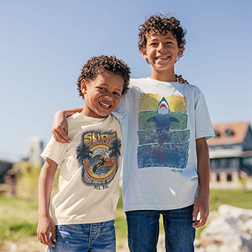 DelSol - Kids Crew tee - Rising Shark - Camiseta Que Cambia de Color - Cambios en la luz Solar - Transforma el Contorno Azul y Blanco en Colores Brillantes - YS - 1 Pc