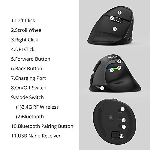 DELUX Ratón vertical inalámbrico, ergonómico con BT 4.0 y 2.4G inalámbrico, batería recargable incorporada, diseño silencioso, 6 botones y 4 niveles de ppp, ratón óptico de PC con luz RGB
