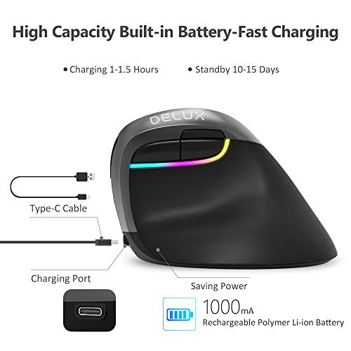 DELUX Ratón vertical inalámbrico, ergonómico con BT 4.0 y 2.4G inalámbrico, batería recargable incorporada, diseño silencioso, 6 botones y 4 niveles de ppp, ratón óptico de PC con luz RGB