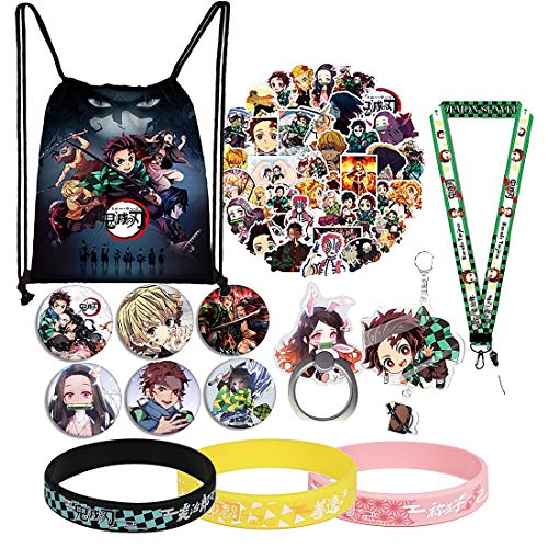 Demon Slayer Manga Merch Juego de regalo de regalo, incluye bolsa de cordón, pegatinas, pulseras, cordón, alfileres de botón, soporte de anillo de teléfono, llavero para fanáticos del anime japonés