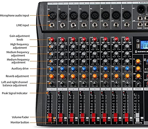 Depusheng DA12 Consola mezcladora de sonido estéreo profesional de 12 canales Bluetooth USB Grabación de computadora Reproducción Phantom Power USB Mezclador de audio digital