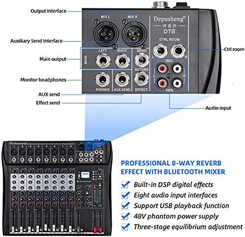 Depusheng DT8 Consola de placa de sonido mezcladora profesional Interfaz de sistema de escritorio de 8 canales Computadora USB digital Entrada MP3 48V Phantom Power, Negro