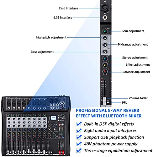 Depusheng DT8 Consola de placa de sonido mezcladora profesional Interfaz de sistema de escritorio de 8 canales Computadora USB digital Entrada MP3 48V Phantom Power, Negro