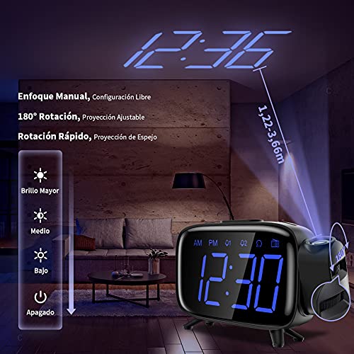 Despertador Digital Proyector Despertador Alarma Dual Despertador Reloj de Proyección Pantalla LCD Azul y 7 Tonos Función Volumen Ajustable Alimentación USB