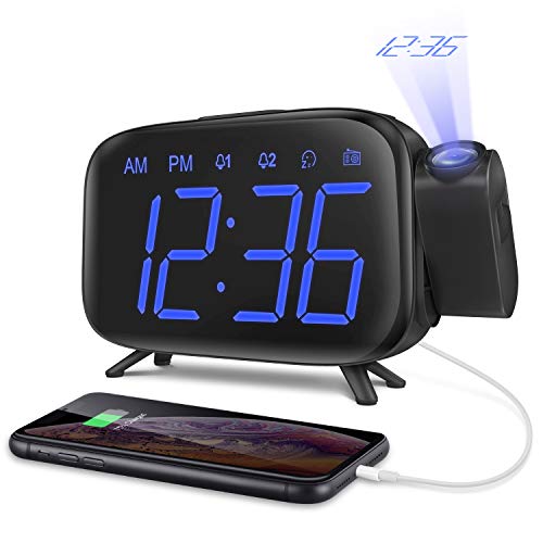 Despertador Digital Proyector Despertador Alarma Dual Despertador Reloj de Proyección Pantalla LCD Azul y 7 Tonos Función Volumen Ajustable Alimentación USB