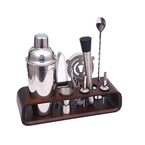 DFJU Juego para Hacer cócteles Juego de Barman: Juego de Barra Negro de 10 Piezas Juego de coctelera con Soporte Elegante Home Bartending Kit Bartender Set (Color: Plata, Tamaño: M)