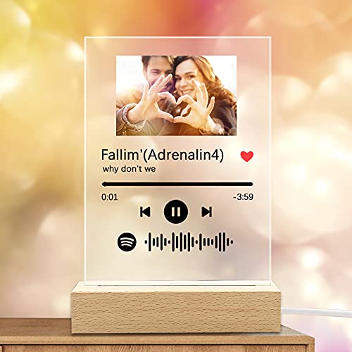 DGLpintu Arte de Vidrio de Spotify Personalizado Música Placa, Placa de Foto de Código de Spotify Escaneable Personalizada Luz de Noche, Regalos para Novio, Novia, Tu Madre.