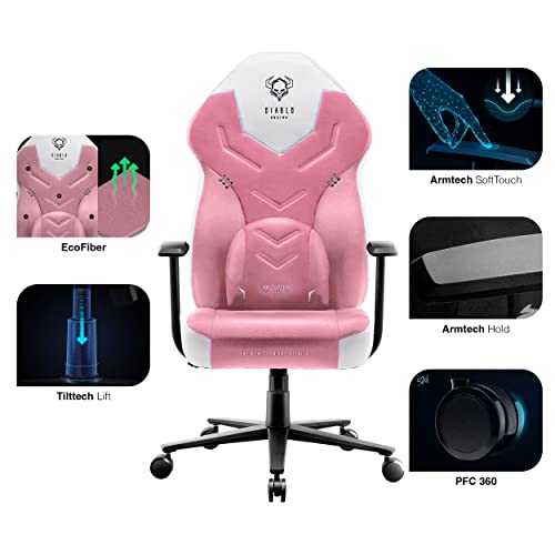 Diablo X-Gamer 2.0 Silla Gaming Gamer de Oficina Tela Diseño Ergonómico Cojín Lumbar Apoyabrazos Cómodos (Rosa-Blanco)