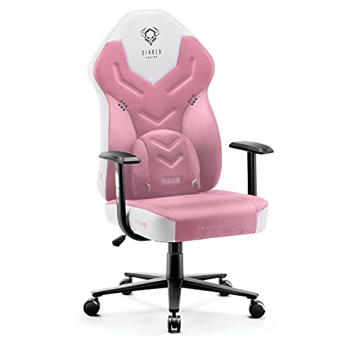 Diablo X-Gamer 2.0 Silla Gaming Gamer de Oficina Tela Diseño Ergonómico Cojín Lumbar Apoyabrazos Cómodos (Rosa-Blanco)