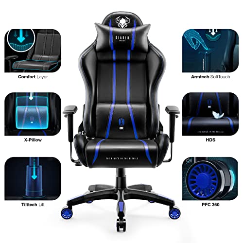 Diablo X-One 2.0 Silla Gaming Gamer Oficina Sillon de Ordenador Reposabrazos Ajustables Cuello/Cojín Lumbar Diseño Ergonómico Azul Normal (L)