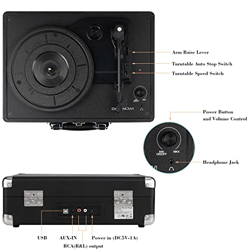 DIGITNOW! Tocadiscos Plato giradiscos Plato Vinilo 33/45/78 RPM, Maleta Portátil con 2 Altavoces Integrados, Grabador de Vinilo a MP3, USB Reproductor MP3, Entrada AUX y RCA, Negro