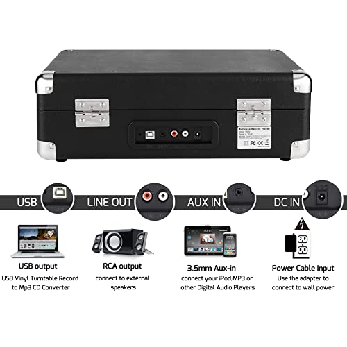 DIGITNOW! Tocadiscos Plato giradiscos Plato Vinilo 33/45/78 RPM, Maleta Portátil con 2 Altavoces Integrados, Grabador de Vinilo a MP3, USB Reproductor MP3, Entrada AUX y RCA, Negro