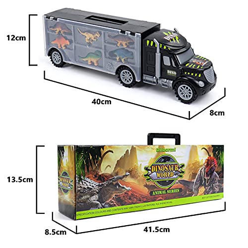 Dilbarmi-Camión Grande Juguete de Transporte Transportador de Animales Coches con 12 Figuras Juego de Dinosaurios Educativo Juguete para Niños de 3 años