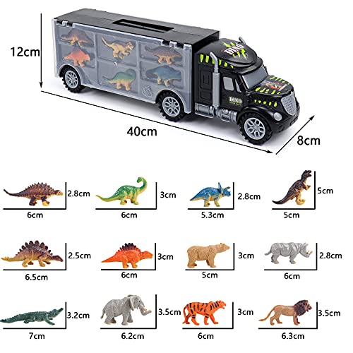 Dilbarmi-Camión Grande Juguete de Transporte Transportador de Animales Coches con 12 Figuras Juego de Dinosaurios Educativo Juguete para Niños de 3 años