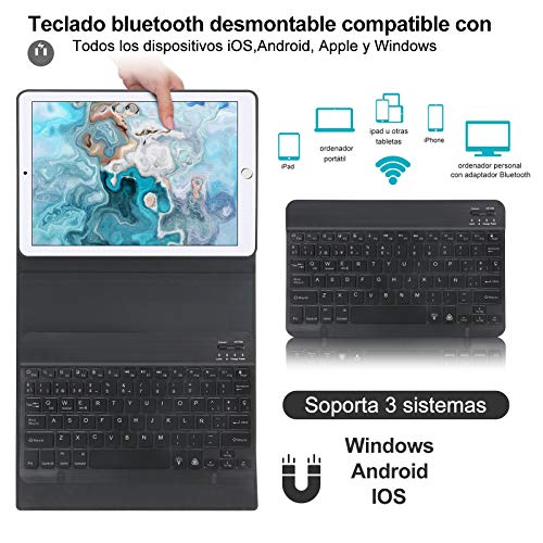 DINGRICH Funda Teclado Español para iPad 9 Generacion 2021,Bluetooth Retroiluminado de 7 Colores Teclado,para 8 Generación 2020/7 Generación 2019/iPad Pro 10.5 2017/Air 3 iPad 10.2,Negro