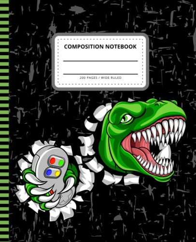 Dinosaur Gamer Composition Notebook: 7.5 x 9.25 inch / 200 Pages (100 sheets) / Wide Ruled Paper For Writing - Homework - Notes - Doodles - Homeschool ... Girls Kids / Green T-Rex Gaming Art on Black
