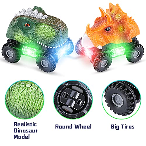 Dinosaurio Coche, 2 Coches de Juguetes de Dinosaurios con Luces LED y Sonidos, Divertidos Dino Cars Regalos Cumpleaños para Niños Niñas de 3+ Años
