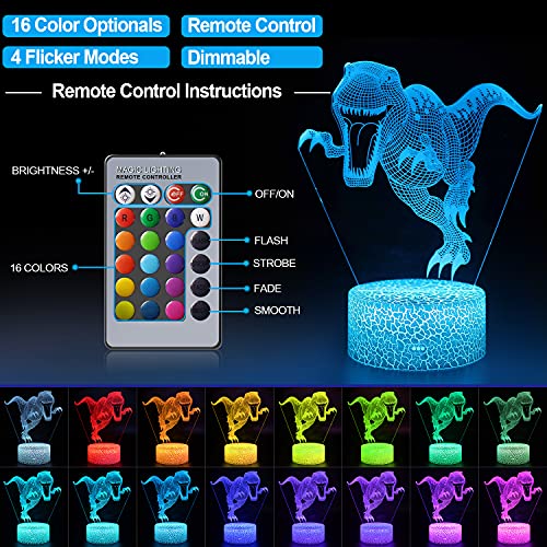 Dinosaurio Luz Nocturna Infantil, Juguete Dinosaurio para Chicos, Lámpara de Noche 3D de 16 Colores con Control Remoto, Regalos de Cumpleaños para Niños y Adultos