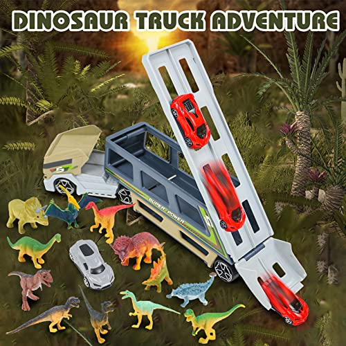 Dinosaurios Juguetes Camión - Transportador Camiones Coches de Juguetes con 12 Figuras de Juegos Dinosaurios 2 Coches Dinosaurio Animales Juguetes Educativos Regalo Juguete Niños 3 4 5 6 años