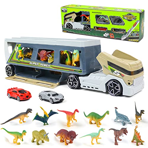 Dinosaurios Juguetes Camión - Transportador Camiones Coches de Juguetes con 12 Figuras de Juegos Dinosaurios 2 Coches Dinosaurio Animales Juguetes Educativos Regalo Juguete Niños 3 4 5 6 años