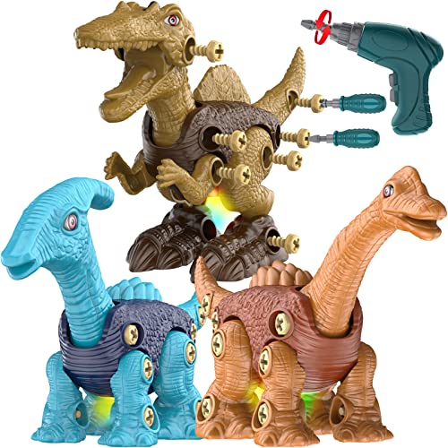 Dinosaurios Juguetes, Desmontaje Dinosaurios Juguetes con Taladro Eléctrico, Juego Construccion Puzzle Incluye Spinosaurus Braquiosaurio y Parasaurolophus, Regalo de Cumpleaños para Niños de 3+ Años