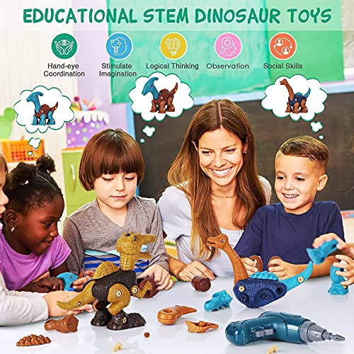 Dinosaurios Juguetes, Desmontaje Dinosaurios Juguetes con Taladro Eléctrico, Juego Construccion Puzzle Incluye Spinosaurus Braquiosaurio y Parasaurolophus, Regalo de Cumpleaños para Niños de 3+ Años