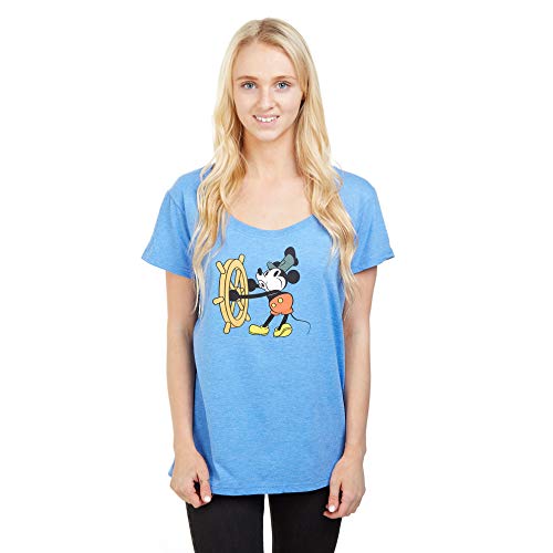 Disney Mickey Mouse Steam Boat Willie Camiseta, Azul (Heather Royal HRY), 38 (Talla del Fabricante: Small) para Mujer