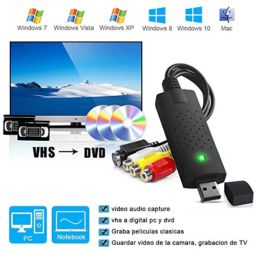 DIWUER Convertidor de Capturadora de Audio Video USB2.0, DVD VHS VCR Grabber Digital Grabador para Mac Windows 7 8 10, VHS a Digital DVD y Edite Video