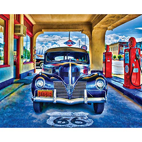 DIY 5D Diamante Pintura Kits Pinturas por Numeros Coche de la gasolinera 5D Diamond Painting,Bordado Punto de Cruz Diamante Manualidades Hogar Decoracion 30X40 cm (Sin marco）