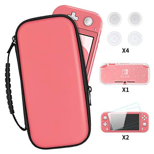 DLseego Funda de Transporte para Switch Lite, Funda Portátil de Diseño Más Nuevo Kit de Accesorios con Funda con Purpurina, 2 Protectores de Pantalla y 4 Tapas de Agarre para Pulgar, Rosa