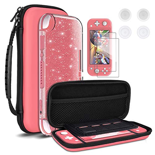 DLseego Funda de Transporte para Switch Lite, Funda Portátil de Diseño Más Nuevo Kit de Accesorios con Funda con Purpurina, 2 Protectores de Pantalla y 4 Tapas de Agarre para Pulgar, Rosa