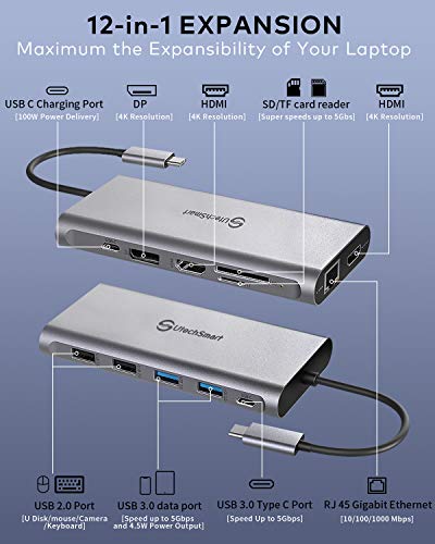 Docking Station, Hub USB C, 12 en 1 USB C Triple Display con 2HDMI, 1 Puerto DP, 4 Puertos USB, Gigabit Ethernet, puerto de carga PD de 100W, ranuras SD/TF compatibles con Macbook y dispositivos USB C