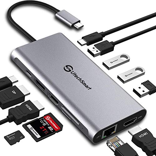 Docking Station, Hub USB C, 12 en 1 USB C Triple Display con 2HDMI, 1 Puerto DP, 4 Puertos USB, Gigabit Ethernet, puerto de carga PD de 100W, ranuras SD/TF compatibles con Macbook y dispositivos USB C
