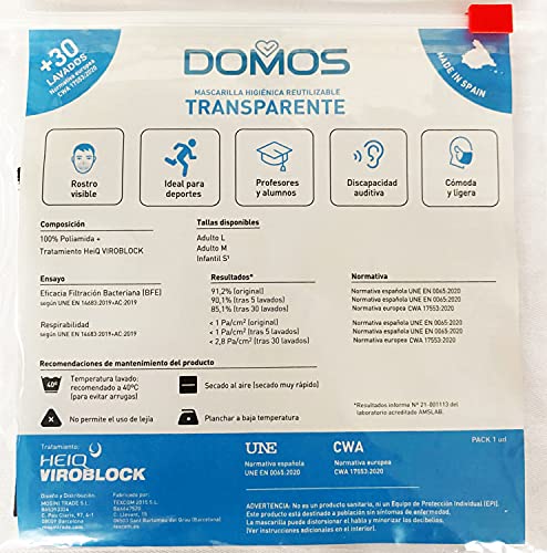 Domos Mascarilla Transparente Reutilizable Color NEGRO. UNE0065 CWA17533 Fabricada en España.… (Talla M)